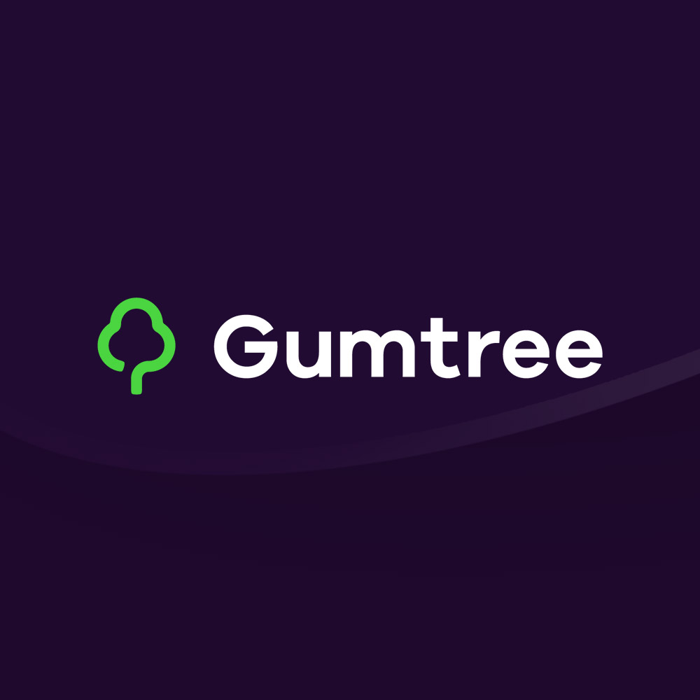 Gumtree’s green tree symbol and white wordmark on a deep purple background