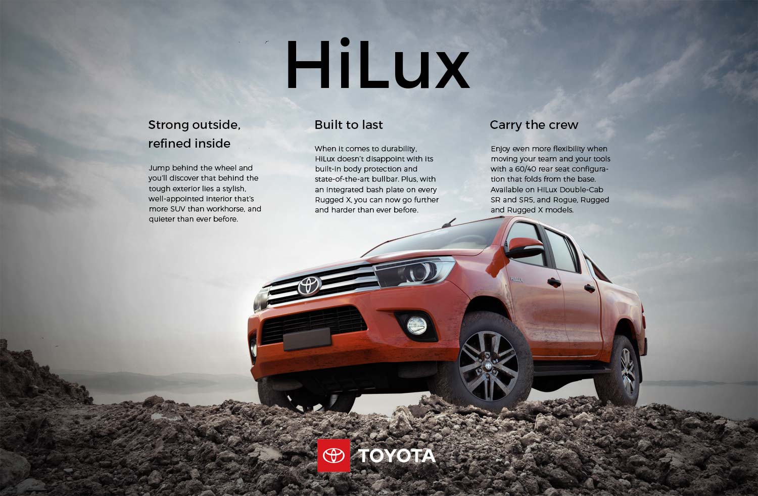 Toyota Hilux campaign combining a red utility vehicle with a rugged rocky landscape
